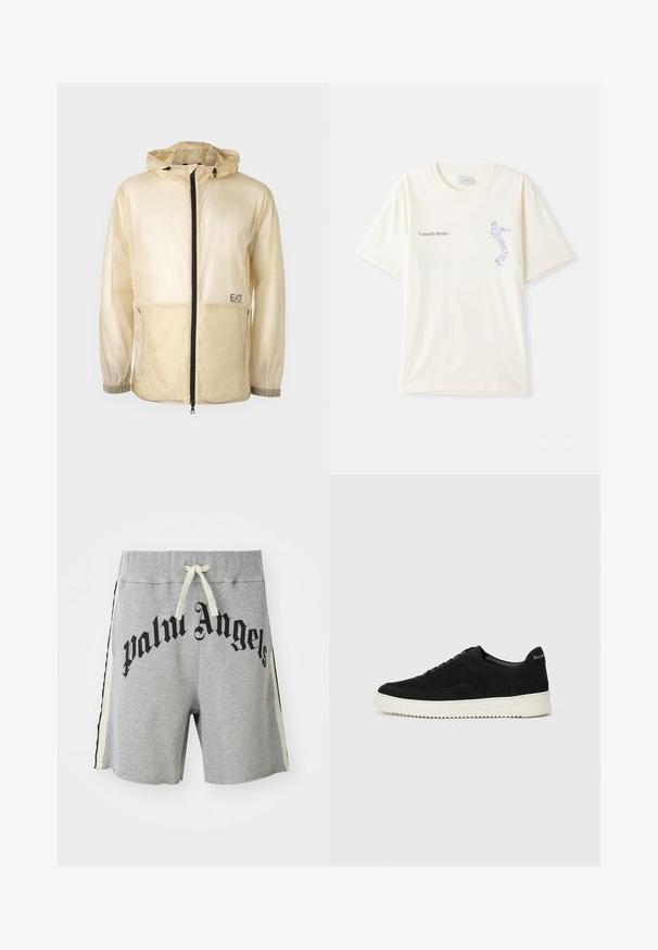 Lett beige vindjakke med hette, som har full frontglidelås, elastiske mansjetter og en brodert logo på venstre side.; Hvit bomull t-skjorte med korte ermer, med teksten "United By Rhythm" i svart og blå grafikk på brystet. Rund halsdesign.; Lys grå casual shorts med kremfarget snor, svarte og kremfargede sidestriper, og stor svart "palm angels" tekst over fronten.; Svart semsket sneakers med snøring og kontrasterende hvit gummisåle. Har teksturerte sidepaneler og subtil merkevare på hælen.