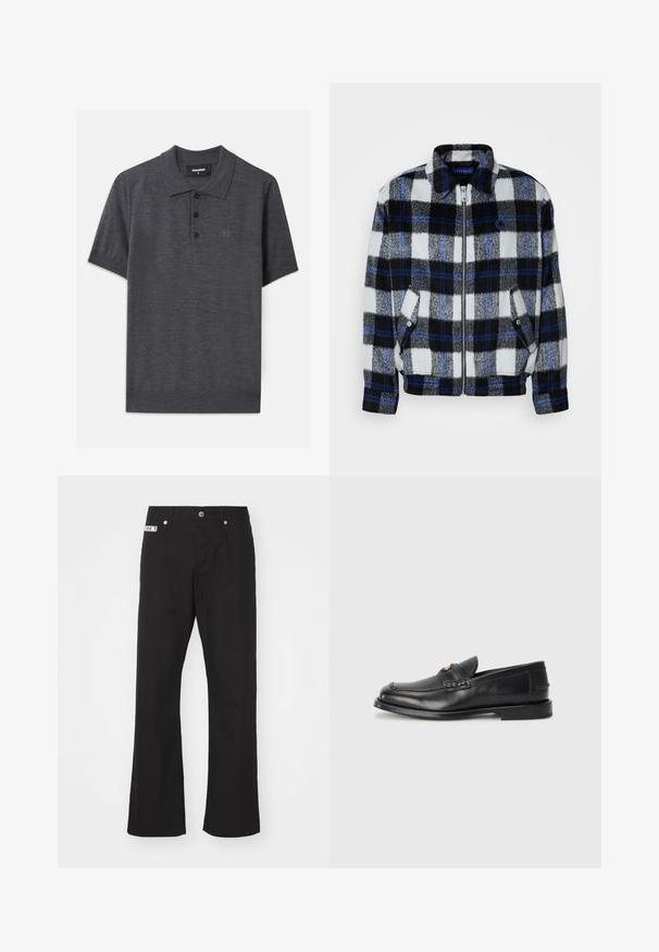 Veste en polaire avec un motif à carreaux noir, blanc et gris, accentuée de bleu. Elle possède une fermeture éclair à l'avant et des poches latérales, avec un col.; Polo shirt gris foncé en tissu lisse, avec une patte à trois boutons, des manches courtes et un logo embossé subtil sur la poitrine.; Pantalons en coton noir avec une coupe droite, dotés d'une fermeture à bouton à l'avant, de deux poches latérales et d'une petite étiquette de marque sur la taille.; Des mocassins en cuir noir présentent un bout arrondi, des détails cousus et un petit accent doré à l'avant. La semelle est plate et discrète.