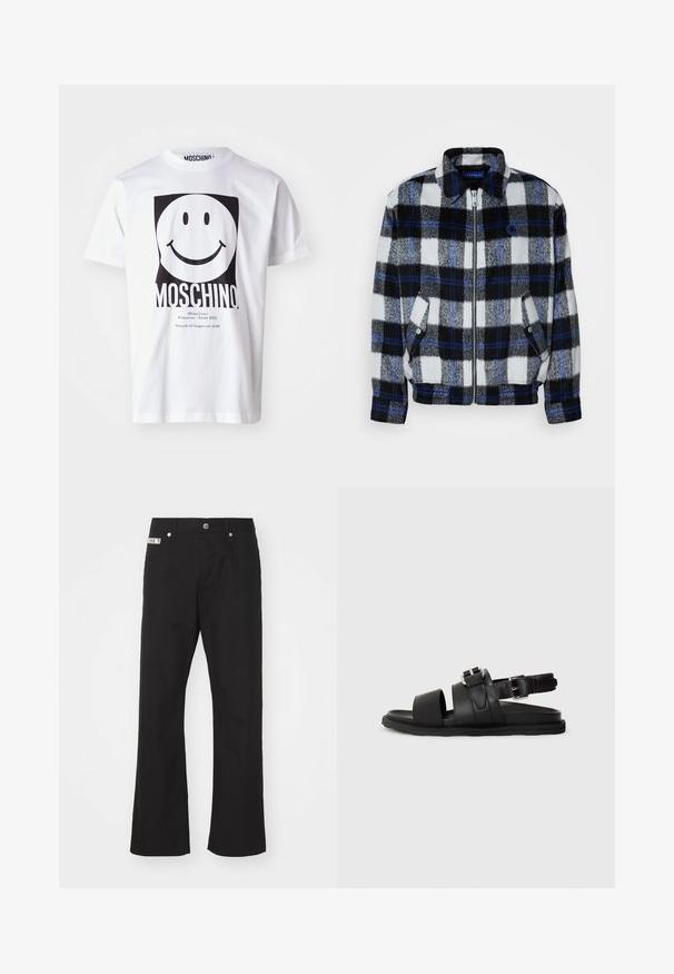 Fleece jacket in a black, white, and gray plaid pattern with blue accents. Features a front zipper and side pockets, with a collar.; White cotton t-shirt featuring a large black smiley face graphic, with "MOSCHINO" printed below and event details in smaller text.; Black cotton trousers with a straight-leg design, featuring a front button closure, two side pockets, and a small brand label on the waistband.; Black leather sandal featuring two wide straps and an adjustable ankle strap with a buckle. Flat sole with a textured edge.