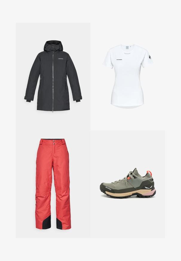 Schwarze wasserdichte Parka mit Kapuze, ausgestattet mit einem Reißverschluss vorne, zwei Seitentaschen und elastischen Bündchen für zusätzlichen Komfort. Markenlogo auf der Brust.; Kurzärmliges weißes Sportshirt mit Rundhalsausschnitt, das ein Logo auf der Brust und eine glatte, leichte Stofftextur aufweist.; Rote Schneehosen mit glatter Textur, weitem Bein Design und schwarzen Akzenten an den Säumen. Mit zwei Knöpfen an der Taille befestigt.; Leichter grüner Wanderschuh aus Mesh und Gummi, mit schwarzem Profilsohle, rosa und orangefarbenen Akzenten sowie verstärkter Zehenkappe.