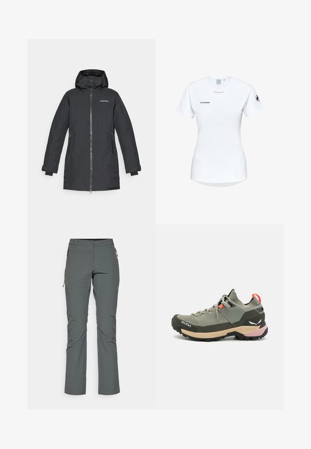 Czarna wodoodporna parka z kapturem, z zapięciem na suwak z przodu, dwoma bocznymi kieszeniami oraz elastycznymi mankietami dla dodatkowego komfortu. Logo marki na klatce piersiowej.; Koszulka sportowa z krótkim rękawem w kolorze białym, z okrągłym dekoltem, z logo na piersi i gładką, lekką teksturą materiału.; Szare spodnie outdoorowe wykonane z lekkiego, teksturowanego materiału; posiadają kieszenie zapinane na zamek oraz dopasowany krój z prostymi nogawkami.; Lekkie zielone buty trekkingowe z siateczkowymi i gumowymi materiałami, czarną podeszwą zapewniającą przyczepność, różowymi i pomarańczowymi akcentami oraz wzmocnionym czubkiem.
