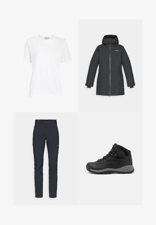 Schwarze wasserdichte Parka mit Kapuze, ausgestattet mit einem Reißverschluss vorne, zwei Seitentaschen und elastischen Bündchen für zusätzlichen Komfort. Markenlogo auf der Brust.; Weißes Baumwoll-T-Shirt mit Rundhalsausschnitt, kurzen Ärmeln und lockerer Passform. Es hat ein einfaches Design ohne sichtbare Muster oder Akzente.; Herren Outdoor-Hosen, dunkelgrau, aus flexiblem Material, mit einem Gürtel, Reißverschlusstaschen und verstärkten Nähten.; Schwarzer Wanderstiefel mit einem mittelhohen Design, ausgestattet mit einer strukturierten Oberfläche, grauen Akzenten und einer robusten Gummisohle mit Profilstollen.