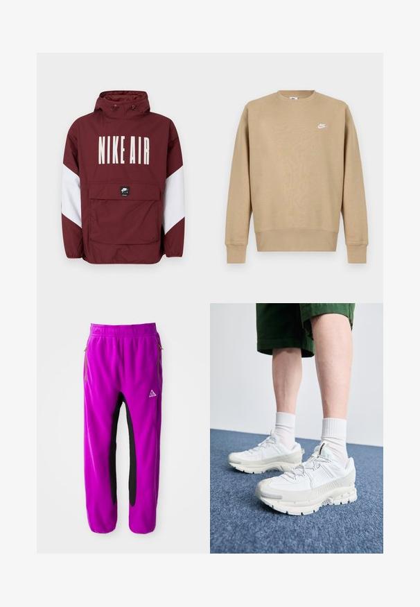 Casaco vermelho Nike Air com capuz, grande logótipo branco na frente e detalhes brancos nas mangas. Apresenta um bolso frontal e punhos elásticos.; Sweatshirt Nike bege com decote redondo, mangas longas e um logo branco no peito. O tecido parece suave e tem uma textura lisa.; Calças de fleece roxas com realces pretos, apresentando bolsos com fecho éclair e um logótipo bordado. Cintura elástica para um ajuste seguro.; Sapatos atléticos brancos com sobreposições texturizadas, sola espessa e detalhes em cinza. Usados com meias brancas até ao tornozelo e calções verdes sobre uma superfície azul.