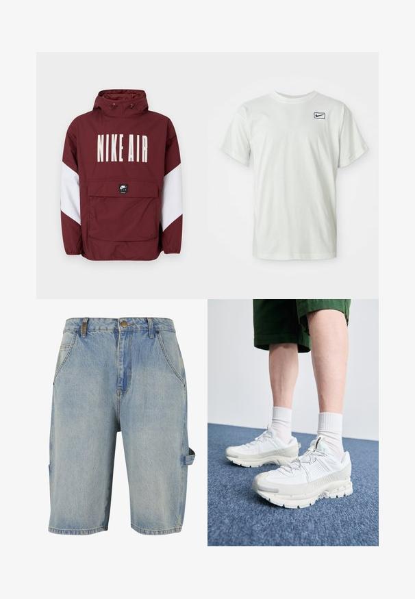 Punane Nike Air jope kapuutsiga, suur valge logo ees ja valged aktsendid varrukatel. Omab eesmist taskut ja elastseid mansette.; Valge puuvillane lühikeste varrukatega t-särk, mille vasakul rinnapoolsel alal on must Nike'i logo. Ümar kaelus ja siledat tekstuuri.; Heled sinine teksapükste lühike mudel, millel on klassikaline viie tasku disain, nähtavad õmblused ja külgmine cargo-tasku silmusega.; Valged sportsijalatsid tekstuursete pealsete, kopsaka tallaga ja hallide aktsentidega. Kanda valgete lühikeste sokkidega ja roheliste lühikeste pükstega sinisel pinnal.