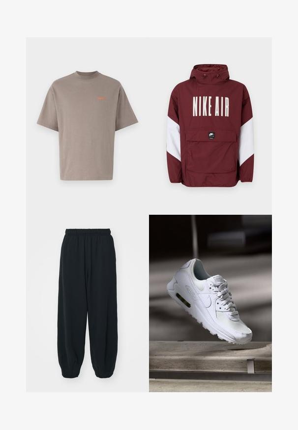 Červená bunda Nike Air s kapucí, velké bílé logo na přední části a bílé akcenty na rukávech. Obsahuje přední kapsu a elastické manžety.; Taupe bavlněné tričko s volným střihem, krátkými rukávy a kulatým výstřihem. Na hrudi se nachází malé oranžové logo "bareen".; Černé teplákové kalhoty s elastickým pasem, volným střihem, manžetami na kotnících, hladkým povrchem a bez viditelných vzorů či kovových detailů.; Bílé tenisky Nike Air Max 90 s vrchním materiálem z textilu a kůže, perforovanou špičkou a viditelnou vzduchovou jednotkou v patě.