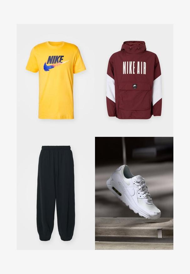 Chándal rojo de Nike Air con capucha, gran logo blanco en la parte frontal y acentos blancos en las mangas. Presenta un bolsillo frontal y puños elásticos.; Camiseta de algodón amarilla con un logo negro de Nike y un diseño de swoosh en azul y naranja. Cuello redondo y mangas cortas.; Pantalones de chándal negros con cintura elástica, de corte holgado, con puños en los tobillos, textura suave y sin patrones visibles ni acentos metálicos.; Zapatilla Nike Air Max 90 blanca con parte superior de malla y cuero, caja de puntera perforada y unidad de aire visible en el talón.