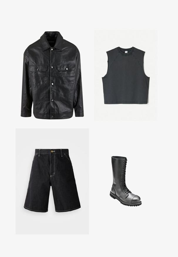 Črna usnjena jakna s prednjim zapenjanjem na gumbe, dvema prsoma žepoma in koničastim ovratnikom, ki ima gladko teksturo in minimalističen dizajn.; Črn brezrokavnik s skrajšanim krojem, izdelan iz mehke tkanine, z okroglim izrezom in raglan rokavi z vidnimi šivi.; Črne denim kratke hlače z ohlapnim krojem, petimi žepi in kontrastnim belim šivanjem. Gumbasto zapiranje v pasu.; Črna usnjena vojaška čevlja za vezanje z visokim usnjem, okroglo konico, podloženim ovratnikom in teksturiranim gumijastim podplatom za boljši oprijem.