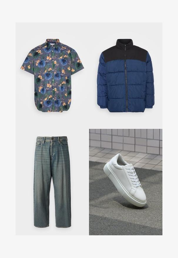 Padded jakna v temno modri barvi s črnim zgornjim delom. Ima visok ovratnik, zadrgo spredaj in elastične manšete. Gladek, lahek material.; Majica s kratkimi rokavi iz temnega blaga, okrašena z modrimi in zelenimi tropskimi cvetličnimi motivi, z gumbovno zapiranjem spredaj in klasičnim ovratnikom.; Svetlomoderne kavbojke z ohlapnim krojem, srednjim pasom in ravnimi nogami. Imajo pet žepov, zanke za pas in zapiranje na gumb.; Bela usnjena teniska obutev z gladko površino, okroglo konico in ravnimi belimi vezalkami. Ima teksturiran gumijast podplat in minimalne oblikovalske elemente.