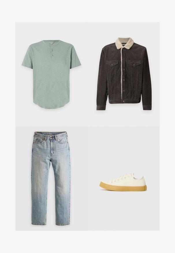Sötétszürke kordbársony dzseki krémszínű műszőrmével a gallérján, két mellzsebbel és elülső fém patent gombokkal. Texturált anyag, függőleges vonalakkal.; Mentazöld, rövid ujjú henley ing, puha anyagból készült, kerek nyakkivágással és három gombos gombolással, lekerekített alsó résszel.; Világoskék farmernadrág magas derékkal, elülső gombbal, cipzárral és öt zsebbel, sima háttérre fektetve.; Krémszínű vászon sportcipő, kerek orral, bézs gumi talppal és öt fűzőlyukkal, a felső részen texturált felülettel.