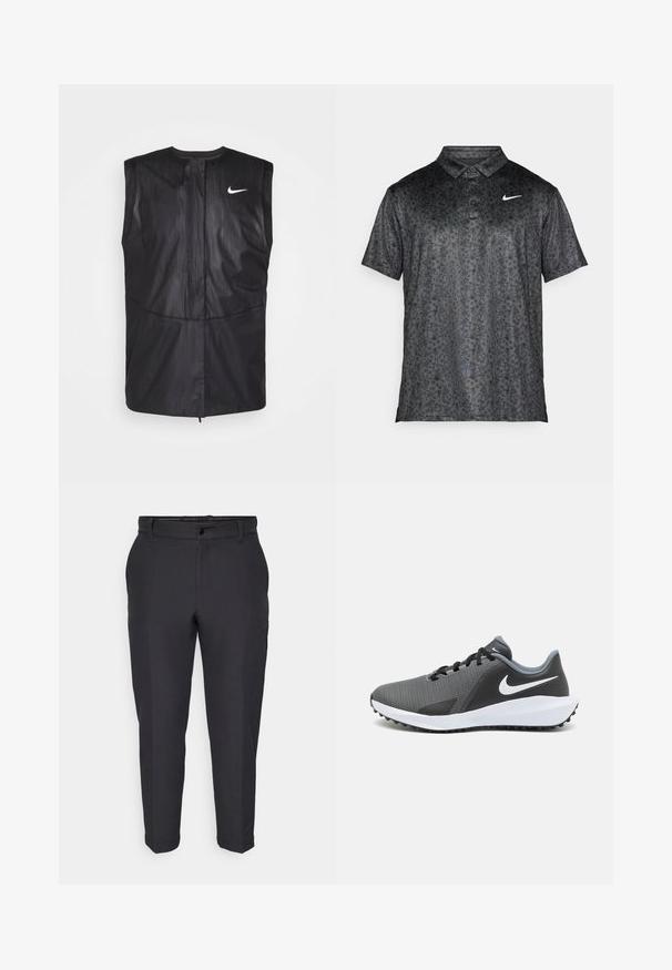 Nike Golf M NK SFADV VEST - Hardshell jacket - black/black/anthracite/white; Svart polo skjorte med teksturert blomstmønster, krage, tre-knappslukking og hvit Nike-logo på brystet. Korte ermer.; Mørkegrå skreddersydde herreformelle bukser med belteholdere, knappestenging, sidelommer og slim fit.; Nike trening shoes i svart og grå mesh, med en hvit swoosh-logo, lett design og teksturert gummisåle for grep.