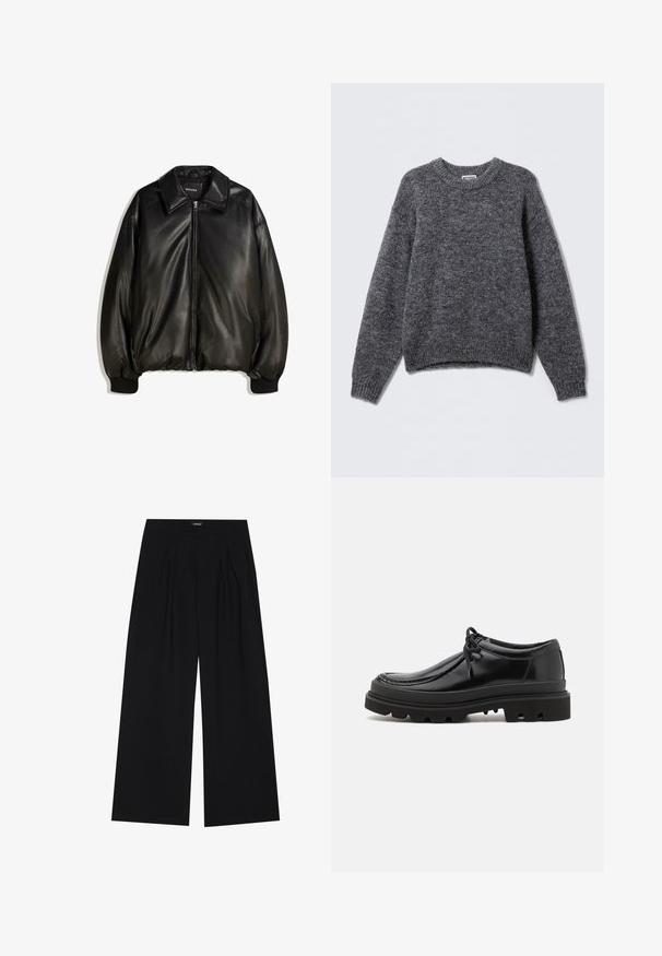 Černá kožená bunda s předním zipem, velkým límcem, žebrovanými manžetami a volným střihem. Hladká textura s minimálním zdobením.; Šedý pletený svetr s kulatým výstřihem, dlouhými rukávy a žebrovanými manžetami a lemem. M softer texturou a jemným melírovaným vzorem po celé ploše.; YOURTURN UNISEX - Kalhoty - black; Černé kožené derby boty s elegantním designem, zaoblenou špičkou a texturovanou gumovou podrážkou s hlubokými drážkami pro lepší přilnavost.