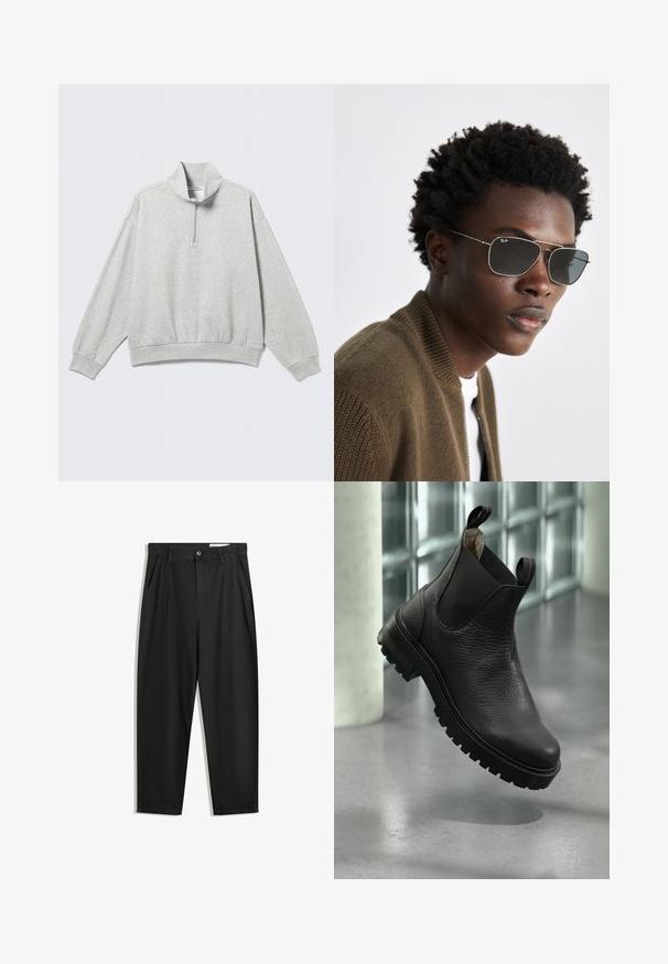 Black leather jacket featuring a zip front, large collar, ribbed cuffs, and a loose silhouette. Smooth texture with minimal detailing.; Light grey sweatshirt with a high collar, half-zip closure, dropped shoulders, and ribbed cuffs and hem. Soft, textured fabric.; Black cotton trousers with a relaxed fit, featuring a classic waistband, front pleats, and side pockets. Smooth texture without patterns.; Black leather ankle boots with a textured surface, elastic side panels, and a rugged rubber sole featuring pronounced treads.; Sunglasses featuring a silver metal frame, aviator shape, and dark tinted lenses. Styled with a ribbed brown bomber jacket.