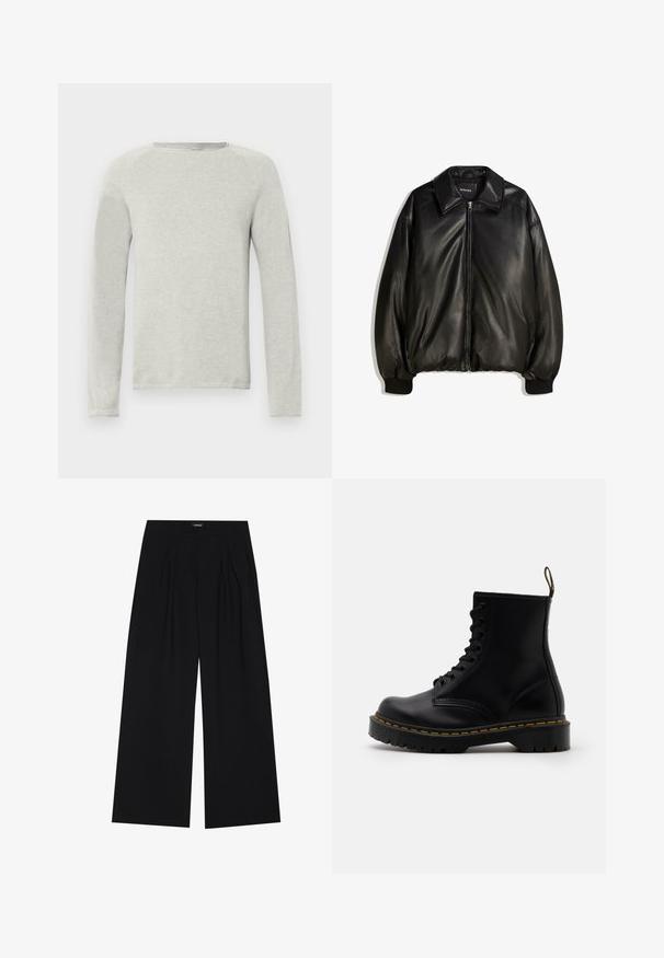 Schwarze Lederjacke mit einem Reißverschluss vorne, großem Kragen, gerippten Bündchen und einer lockeren Silhouette. Glatte Textur mit minimalen Details.; Helles graues Langarmshirt mit Rundhalsausschnitt, strukturiertem Stoff und Raglanärmeln. Einfaches Design, keine sichtbaren Logos oder Muster.; YOURTURN UNISEX - Stoffhose - black; Schwarze Leder-Ankle-Boots mit schnürbarem Vorderteil, gelben Nähten, runder Zehenpartie und dicker, strukturierter Gummisohle.