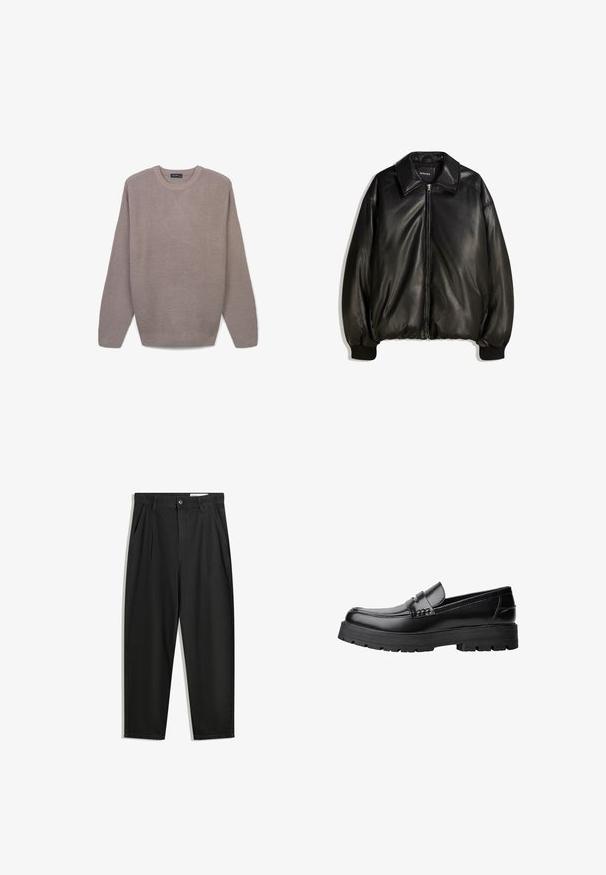 Schwarze Lederjacke mit einem Reißverschluss vorne, großem Kragen, gerippten Bündchen und einer lockeren Silhouette. Glatte Textur mit minimalen Details.; Grau gestrickter Pullover mit strukturiertem Muster, Rundhalsausschnitt, langen Ärmeln und gerippten Säumen und Hemd. Leichter Stoff, lässige Passform.; Schwarze Baumwollhose mit lockerem Schnitt, ausgestattet mit einem klassischen Bund, vorderen Falten und Seiten taschen. Glatte Textur ohne Muster.; Schwarzer Lederloafer mit grobem, rutschfestem Sohlenprofil und dekorativem Riemen über der Oberseite, seitlich links auf weißem Hintergrund abgebildet.