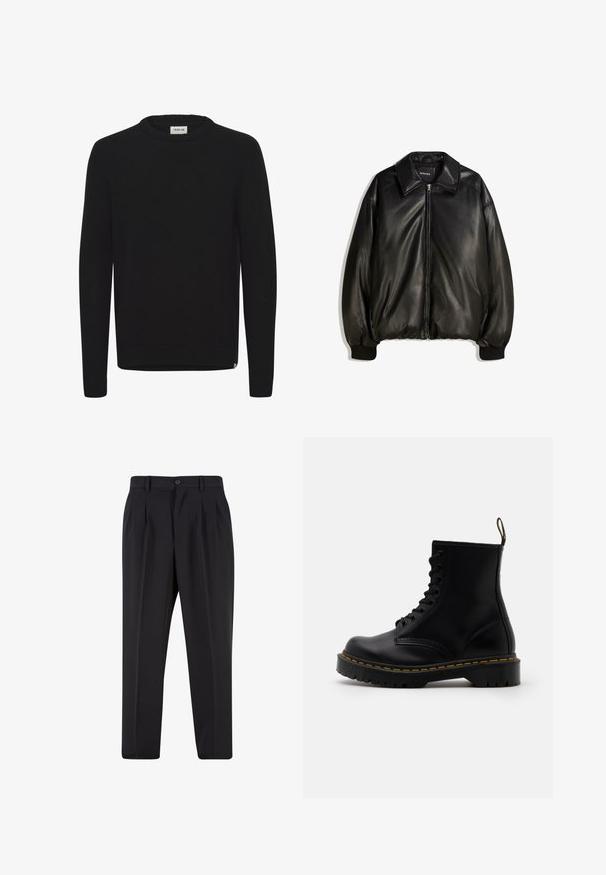Sort læderjakke med lynlås foran, stor krave, ribbede manchetter og en løs silhuet. Glat tekstur med minimal detaljer.; Sort strikket trøje med rund halsudskæring, lange ærmer og ribbede manchetter. Blød tekstur med lige kant og en lille logoaccent.; Sort bomulds T-shirt med rund halsudskæring, korte ærmer og et lille rødt Levi's logo på venstre bryst. Letvægts og en simpel design.; Sorte bukser med plisseret frontdesign, lavet af glat stof. Har knaplukning og bæltestropper; lige pasform.; Sorte læder ankelstøvler med snørebånd foran, gul syning, en rund tå og en tyk, tekstureret gummisål.