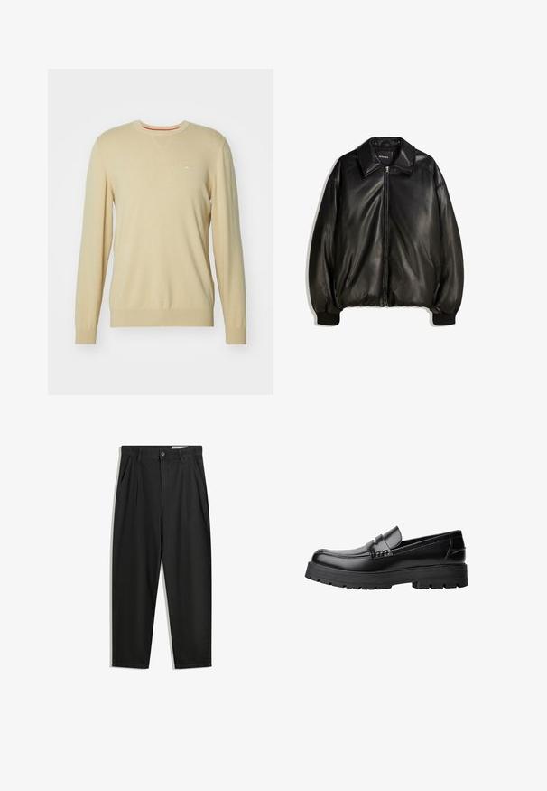 Czarna skórzana kurtka z zamkiem z przodu, dużym kołnierzem, prążkowanymi mankietami oraz luźnym krojem. Gładka faktura z minimalnym zdobieniem.; Beżowy sweter dzianinowy z długimi rękawami, okrągłym dekoltem, subtelną fakturą i małym logo na piersi. Akcentowany czerwoną wkładką przy dekolcie.; Czarne bawełniane spodnie o luźnym kroju, z klasycznym pasem, przednimi plisy oraz bocznymi kieszeniami. Gładka struktura, bez wzorów.; Czarne skórzane mokasyny z grubą, bieżnikowaną podeszwą i dekoracyjnym paskiem na górze, pokazane w lewym profilu na białym tle.