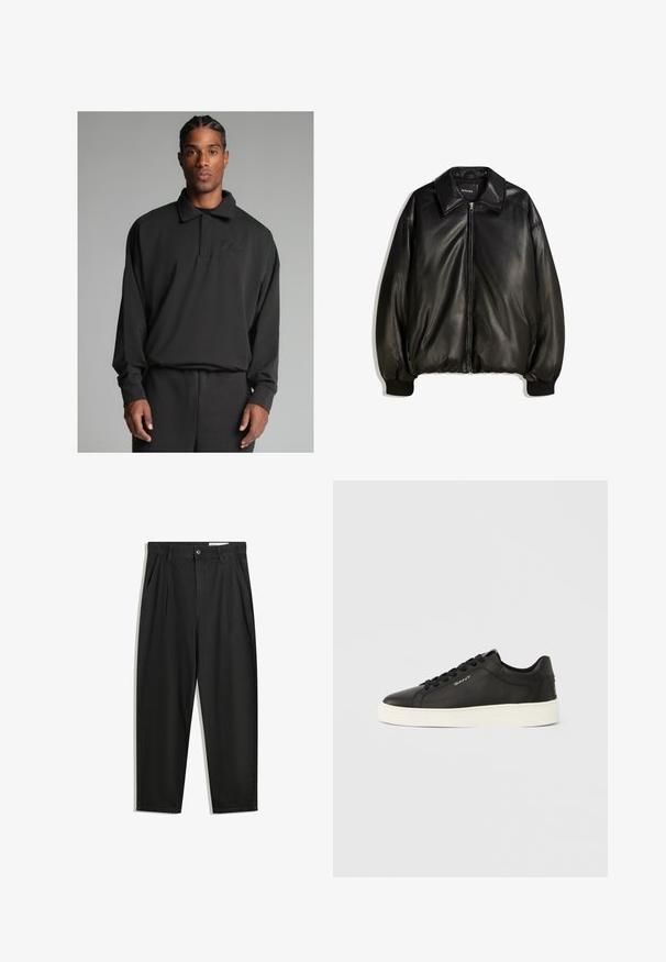Fekete bőrdzseki, elől cipzárral, nagyméretű gallérral, bordás mandzsettával és laza szabással. Sima textúra minimális díszítéssel.; Fekete polo pulóver puha anyagból, klasszikus gallérral, hosszú ujjakkal és hímzett logóval a melleden.; Fekete pamut nadrág laza szabással, klasszikus derékrésszel, elülső hajtásokkal és oldalsó zsebekkel. Simább textúra minta nélkül.; Fekete bőrből készült tornacipők fehér gumitalppal, lapos cipőfűzőkkel és oldalsó márkajelzéssel. Sima felület és kerek orr kialakítás.