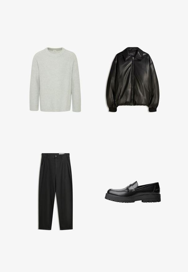 Zwarte leren jas met een ritssluiting aan de voorkant, grote kraag, geribbelde manchetten en een losse pasvorm. Glad textuur met minimale details.; Lichtgrijze, geribbelde gebreide trui met een ronde hals en driekwartmouwen, met een textuurpatroon en een ontspannen pasvorm.; Zwarte katoenen broeken met een losse pasvorm, voorzien van een klassieke tailleband, voorplooien en zijzakken. Gladde structuur zonder patronen.; Zwarte leren loafer met een chunky profielzool en een decoratieve band over de bovenkant, weergegeven in het linkerzijprofiel op een witte achtergrond.
