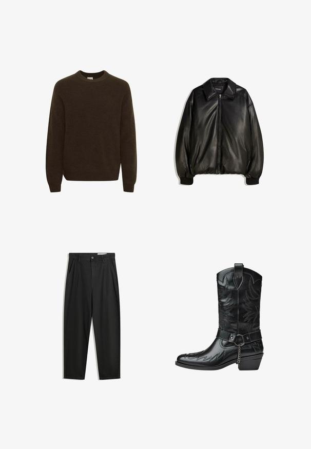 Black leather jacket featuring a zip front, large collar, ribbed cuffs, and a loose silhouette. Smooth texture with minimal detailing.; Brown knit sweater with a round neckline, long sleeves, and a soft texture. The design features a ribbed pattern throughout.; Black cotton trousers with a relaxed fit, featuring a classic waistband, front pleats, and side pockets. Smooth texture without patterns.; Black leather cowboy boot with decorative stitching, harness strap, metal ring, chain detail, and low angled heel on white background.