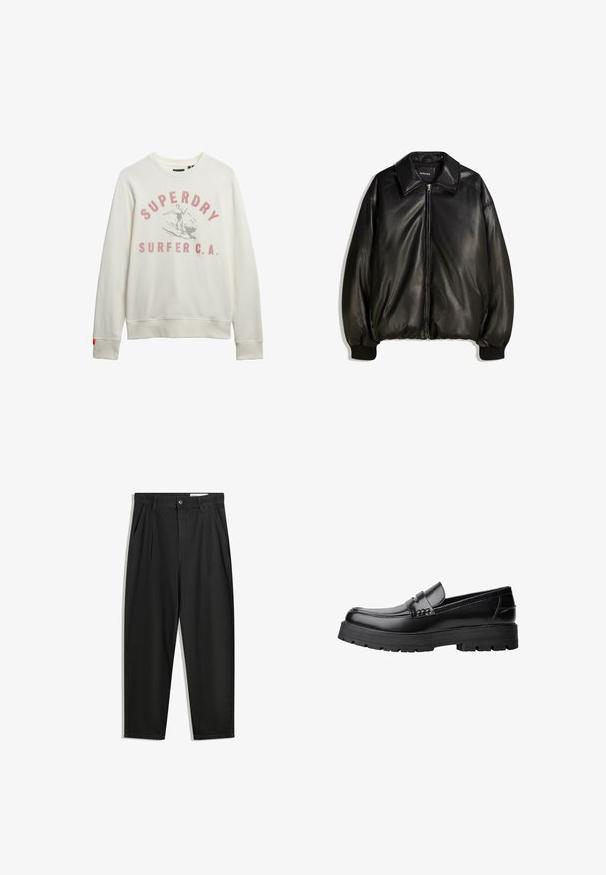 Giacca in pelle nera con zip frontale, colletto ampio, polsini a costine e silhouette ampia. Tessuto liscio con dettagli minimi.; Felpa color crema in misto cotone con polsini a coste, presenta una grafica sbiadita di un surfista e testo "SUPERDRY SURFER C.A." in rosso.; Pantaloni in cotone neri con una vestibilità rilassata, dotati di una vita classica, pieghe frontali e tasche laterali. Tessuto liscio senza fantasie.; Mocassino in pelle nera con suola spessa e tassellata e fascia decorativa sulla parte superiore, mostrato in profilo sinistro su sfondo bianco.