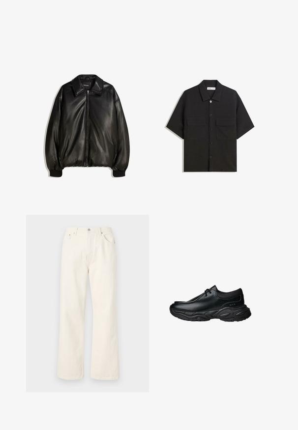 Mustaa nahkatakkia, jossa on vetoketjullinen etuosa, suuri kaulus, ribbaatut hihansuut ja löysä siluetti. Sujuva pinta, jossa on minimaalinen yksityiskohtaisuus.; Lyhythihainen musta paita, joka on valmistettu sileästä kankaasta, jossa on kaksi etutaskua, klassinen kaulus ja napitus.; Kermanväriset leveät lahkeet farkut, valmistettu denimistä, joka sisältää standardin viisi taskua -tyylin ja metallinappisuljennan vyötäröllä.; Mustat nahkaiset liukujalkineet, joissa on pyöreä varvas ja paksu teksturoitu kumipohja. Ominaisuuksiin kuuluu hienovarainen ompelu ja joustavat yksityiskohdat kauluksessa.