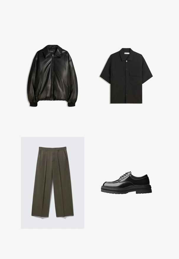 Black leather jacket featuring a zip front, large collar, ribbed cuffs, and a loose silhouette. Smooth texture with minimal detailing.; Black short-sleeve shirt made of fabric with a smooth texture, features two front pockets, a classic collar, and button closure.; Wide-leg trousers in olive green, made of smooth fabric. Features front pockets, a flat front, and stitched creases for structure.; Black leather shoe with a smooth finish, round toe, six eyelet lace-up design, and a thick, textured rubber sole.