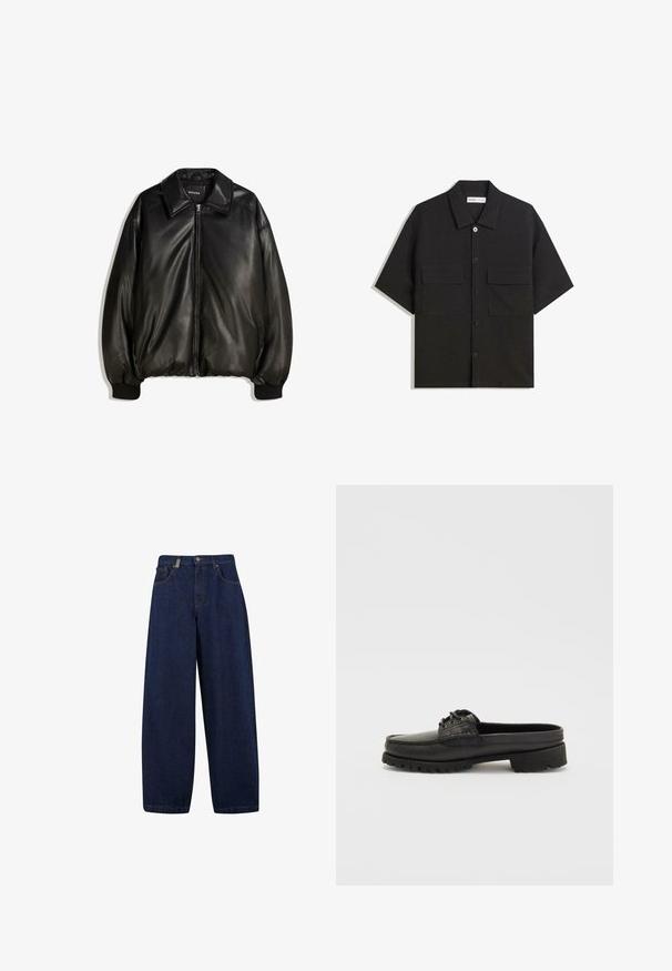 Černá kožená bunda s předním zipem, velkým límcem, žebrovanými manžetami a volným střihem. Hladká textura s minimálním zdobením.; Černá košile s krátkým rukávem vyrobená z látky s hladkou texturou, má dvě přední kapsy, klasický límeček a zapínání na knoflíky.; Volné tmavě modré džíny s vysokým pasem, předními kapsami a rovnými nohavicemi. Obsahují stříbrné detaily a minimální šití.; Černá kožená obuv na klínku s detaily šněrování, zaoblenou špičkou a texturovanou podrážkou. Disponuje mírně zvýšeným podpatkem a hladkým povrchem.