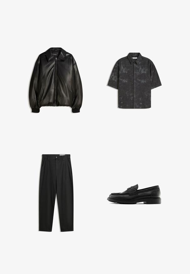 Giacca in pelle nera con zip frontale, colletto ampio, polsini a costine e silhouette ampia. Tessuto liscio con dettagli minimi.; Camicia a maniche corte con bottoni di colore grigio scuro, realizzata in un tessuto testurizzato con un sottile motivo marmorizzato. Presenta un colletto a punta e un orlo dritto.; Pantaloni in cotone neri con una vestibilità rilassata, dotati di una vita classica, pieghe frontali e tasche laterali. Tessuto liscio senza fantasie.; Mocassini neri in pelle con punta arrotondata, dettagli cuciti e suola in gomma piatta. Presentano un design con fascia frontale.