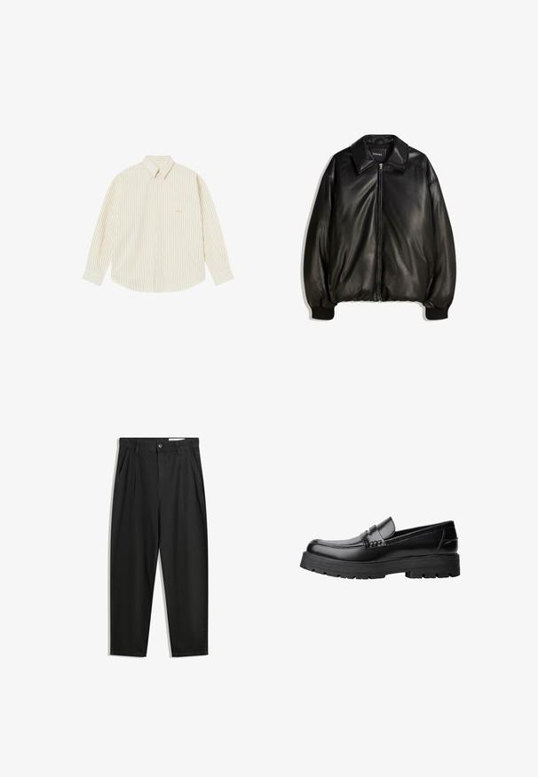 Sort læderjakke med lynlås foran, stor krave, ribbede manchetter og en løs silhuet. Glat tekstur med minimal detaljer.; Lyscremet skjorte med knapper og tynde lodrette striber. Har spidse kraver, lange ærmer og et lille broderet logo på brystlommen.; Sorte bomuldsbukser med en afslappet pasform, der har en klassisk talje, frontfolder og sidelommer. Glat tekstur uden mønstre.; Sort læderloafer med kraftig sål og dekorativ rem henover, vist i venstre sideprofil på hvid baggrund.