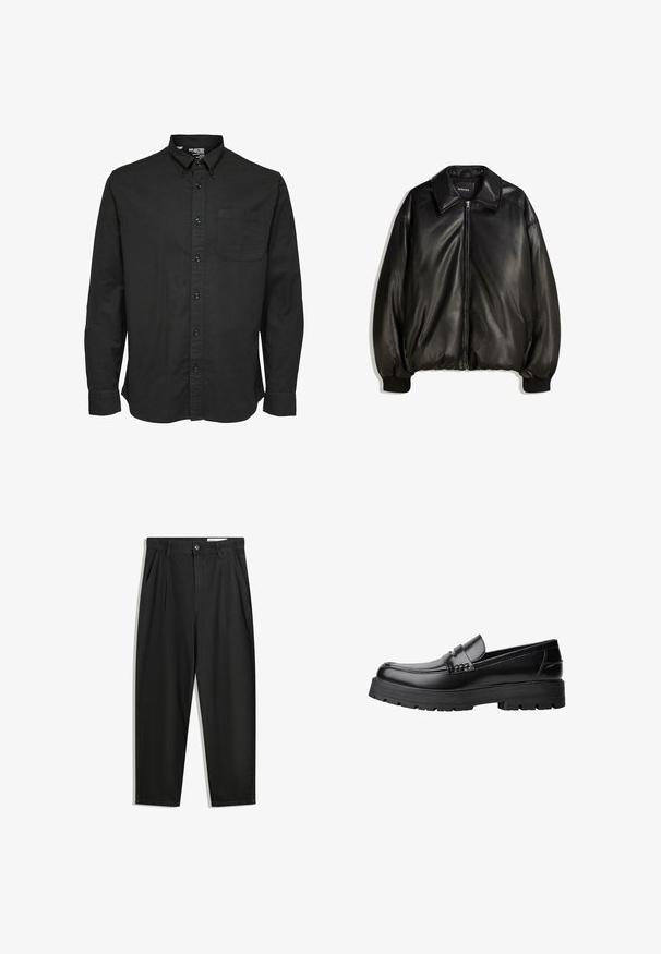 Čierna kožená bunda so zipsom v prednej časti, veľkým golierom, rebrovanými manžetami a voľnou siluetou. Hladká textúra s minimálnym zdobením.; Čierna košeľa s dlhým rukávom na gombíky z bavlnenej tkaniny, s klasikcým golierom, prednou vreckom a zladenými čiernymi gombíkmi.; Čierne bavlnené nohavice s voľným strihom, s klasickým pásom, prednými záhybmi a bočnými vreckami. Hladká textúra bez vzorov.; Čierne kožené mokasíny s masívnou podrážkou a dekoratívnym pásom cez hornú časť, zobrazené z ľavého bočného profilu na bielom pozadí.