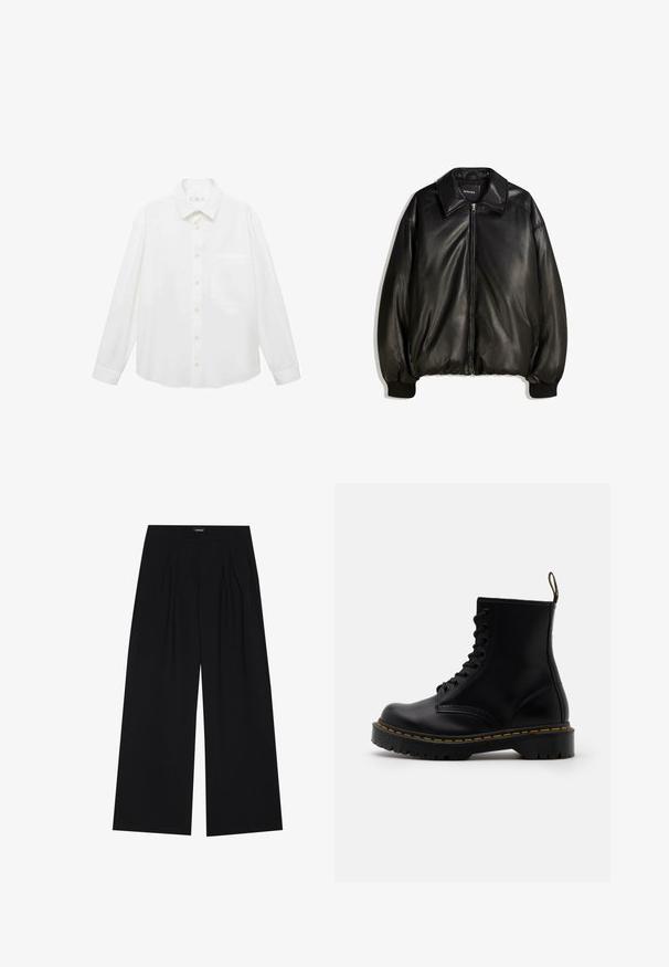 Giacca in pelle nera con zip frontale, colletto ampio, polsini a costine e silhouette ampia. Tessuto liscio con dettagli minimi.; Mango ANTARES - Camicia - white; YOURTURN UNISEX - Pantaloni - black; Stivaletti alla caviglia in pelle nera con lacci anteriori, cuciture gialle, punta rotonda e suola in gomma spessa e testurizzata.