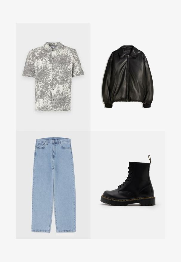 Giacca in pelle nera con zip frontale, colletto ampio, polsini a costine e silhouette ampia. Tessuto liscio con dettagli minimi.; Camicia a maniche corte con bottoni, caratterizzata da un motivo astratto in bianco e nero. Presenta un colletto e bottoni frontali, realizzata in tessuto leggero.; T-shirt in cotone nero con scollatura tonda, maniche corte e un piccolo logo rosso Levi's sul lato sinistro del petto. Design leggero e semplice.; Jeans in denim azzurro chiaro con design a gamba dritta, caratterizzati da una vita media, cinque tasche e chiusura con bottone e zip.; Stivaletti alla caviglia in pelle nera con lacci anteriori, cuciture gialle, punta rotonda e suola in gomma spessa e testurizzata.
