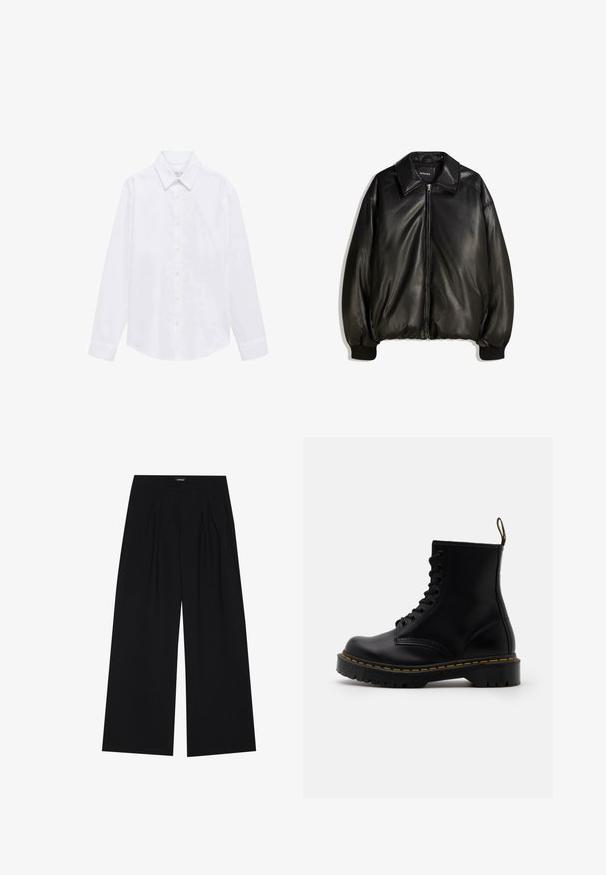 Svart läderjacka med dragkedja fram, stor krage, ribbade ärmslut och en lös silhuett. Slät textur med minimal detaljering.; Vit långärmad skjorta i bomullstyg. Har en spetsig krage, knappstängning och enkla manschetter. Minimalistisk design utan mönster.; Svart bomullströja med rund hals, korta ärmar och en liten röd Levi's-logga på vänster bröst. Lätt och enkel design.; YOURTURN UNISEX - Tygbyxor - black; Svarta läderankelboots med snörning framtill, gul söm, rund tå och en tjock, texturerad gummisula.