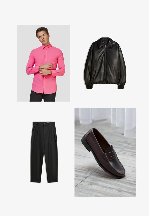Mustaa nahkatakkia, jossa on vetoketjullinen etuosa, suuri kaulus, ribbaatut hihansuut ja löysä siluetti. Sujuva pinta, jossa on minimaalinen yksityiskohtaisuus.; Vaaleanpunainen pitkähihaisena paita, jossa on nappikaulus, slim fit -leikkaus, sileä kangas sekä valkoiset napit edessä ja hihansuissa.; Mustat puuvillahousut rentoa mallia, joissa on klassinen vyötärö, etukangastukset ja sivutaskut. Sileä pinta ilman kuvioita.; Ruske nahkasaapad, joissa on sileä viimeistely, pyöreä varvas, ommellut yksityiskohdat ja matala kiiltävä musta pohja. Sopii sekä muodollisiin että rentoihin asuihin.