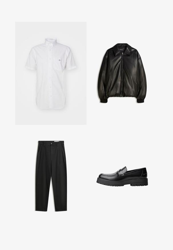 Jachetă din piele neagră cu fermoar frontal, guler mare, manșete cu nervuri și o siluetă lejeră. Textură netedă cu detalii minime.; Cămașă albă cu mânecă scurtă, cu nasturi, fabricată din bumbac ușor, având un buzunar pe piept și un logo subtil pe buzunar. Textură netedă.; Pantaloni negri din bumbac cu croială lejeră, având un brâu clasic, plii frontale și buzunare laterale. Textură netedă fără modele.; Mocasini din piele neagră, cu talpă groasă și profilată și bandă decorativă pe partea superioară, prezentati din profil stâng pe fundal alb.