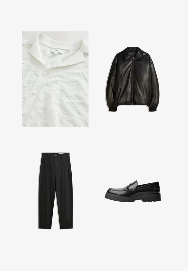 Crna kožna jakna s patentnim zatvaračem, velikim ovratnikom, rebrastim manžetama i opuštenim krojem. Glatka tekstura s minimalnim detaljima.; Bijela pletena cardigan jakna s teksturiranim geometrijskim uzorkom, polo kragnom i tri dugmeta za zakopčavanje sprijeda.; Crne pamučne hlače s opuštenim krojem, s klasičnim pojasom, prednjim nabranjima i bočnim džepovima. Glatka tekstura bez uzoraka.; Crna kožna mokasina s debelim potplatima i dekorativnom trakom preko gornjeg dijela, prikazana u lijevom bočnom profilu na bijeloj pozadini.