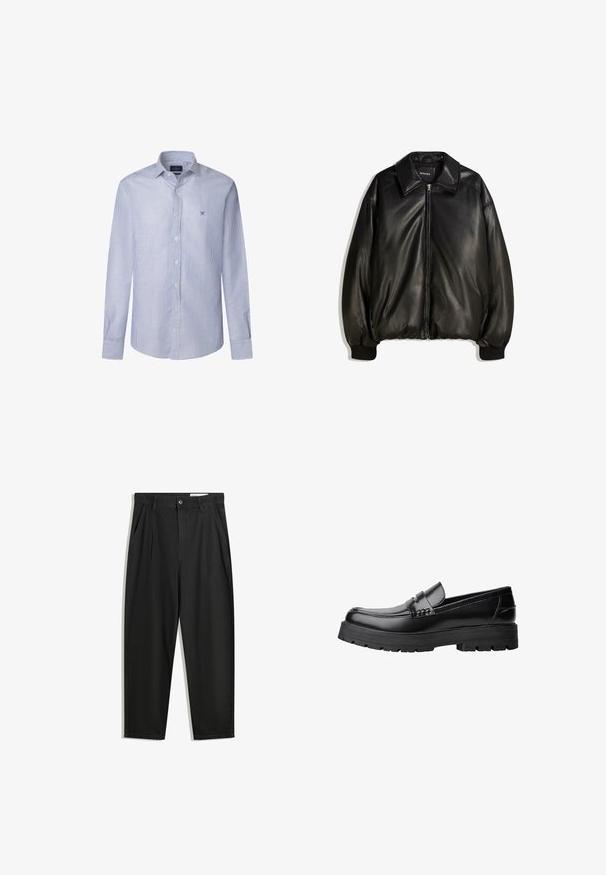 Svart läderjacka med dragkedja fram, stor krage, ribbade ärmslut och en lös silhuett. Slät textur med minimal detaljering.; Randig långärmad skjorta i ljusblå och vit bomull, med en knapp-ner krage och en liten broderad logotyp på bröstet.; Svarta bomullsshorts med avslappnad passform, med en klassisk midja, framveck och sidfickor. Slät textur utan mönster.; Svart läderloafer med kraftig mönstrad sula och dekorativ rem över framtill, visad i vänster sidoprofil på vit bakgrund.