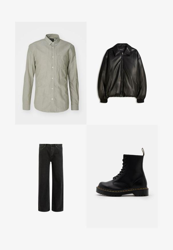 Black leather jacket featuring a zip front, large collar, ribbed cuffs, and a loose silhouette. Smooth texture with minimal detailing.; Light green, long-sleeve button-up shirt made of cotton. Features a collar, front pocket, and button-down closure. Smooth texture.; Black cotton t-shirt with a crew neck, short sleeves, and a small red Levi's logo on the left chest. Lightweight and simple design.; Black denim wide-leg jeans with a high waist, featuring classic five-pocket design, and subtle fading for a textured appearance.; Black leather ankle boots with a lace-up front, yellow stitching, a rounded toe, and a thick, textured rubber sole.