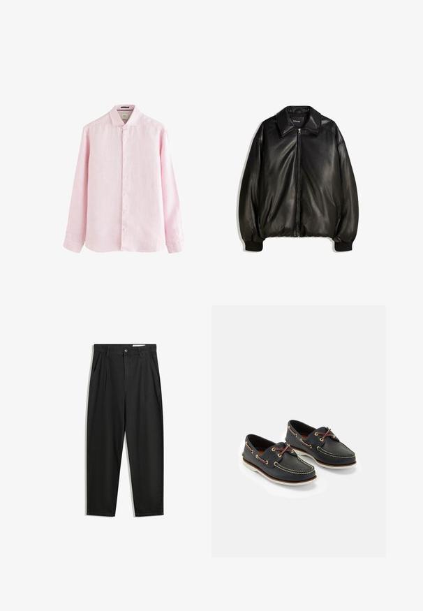 Schwarze Lederjacke mit einem Reißverschluss vorne, großem Kragen, gerippten Bündchen und einer lockeren Silhouette. Glatte Textur mit minimalen Details.; Helles rosa Langarmhemd aus Leinen, mit Button-Down-Kragen, Knopfleiste mit weißen Knöpfen und leicht abgerundetem Saum.; Schwarze Baumwollhose mit lockerem Schnitt, ausgestattet mit einem klassischen Bund, vorderen Falten und Seiten taschen. Glatte Textur ohne Muster.; Marineblaue Lederbootsschuhe mit gelbem Nähen, roten Schnürsenkeln und silbernen Ösen; runde Zehenform; weiße Gummisohle.
