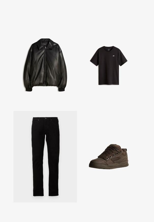 Černá kožená bunda s předním zipem, velkým límcem, žebrovanými manžetami a volným střihem. Hladká textura s minimálním zdobením.; Černé bavlněné tričko s krátkým rukávem a kulatým výstřihem. Na hrudi se nachází malé bílé logo skateboardu. Jednoduchý design a střih.; Černé džíny z denimu se rovný střih, s knoflíkovým zapínáním, pěti kapsami a jemnými detailem šití. Hladká textura.; Hnědé sportovní boty vyrobené z hladkého syntetického materiálu. Mají silné šňůrky, síťované detaily, polstrovaný límec a texturovanou gumovou podrážku.