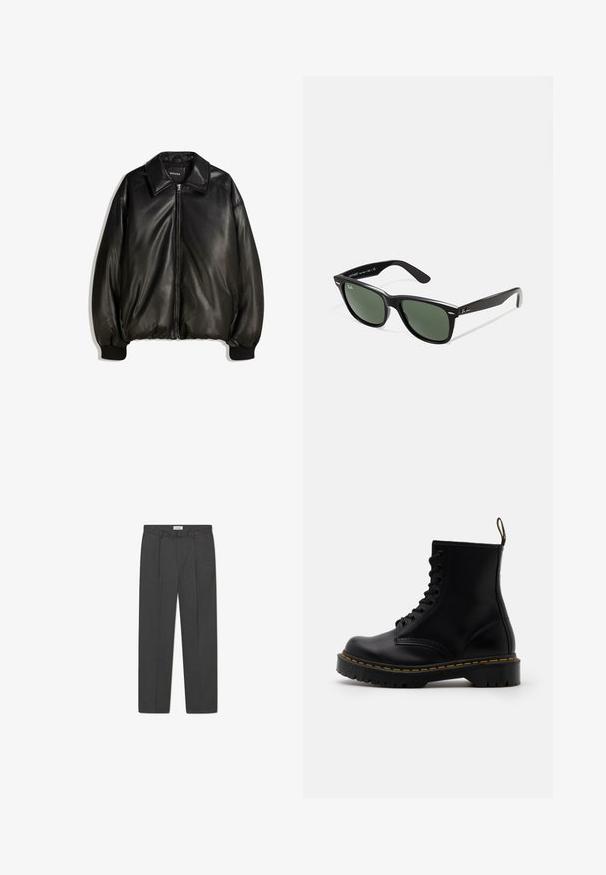 Črna usnjena jakna z zadrgo spredaj, velikim ovratnikom, rebrastimi manšetami in ohlapnim krojem. Gladka tekstura z minimalno podrobnostmi.; Bela bombažna majica brez rokavov z okroglo izrezom, širokimi naramnicami in ravnim robom, ki se ponaša z gladko teksturo in brez vidnih vzorcev.; Sive prilagojene hlače z diskretno karo vzorcem, teksturiranim tkanjem in sprednjimi gubami, ki imajo pas z zankami za pas.; Črne usnjene gležnjarje z vezalkami spredaj, rumenim šivom, zaobljenim nosom in debelim, teksturiranim gumijastim podplatom.; Črne plastične sončna očala z zelenimi lečami, kvadratni okvirji, srebrni detajl na obrvi in teksturirani ročaji. Blagovna znamka navedena na notranji strani ročaja.