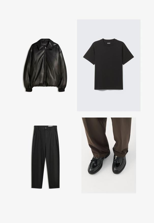 Černá kožená bunda s předním zipem, velkým límcem, žebrovanými manžetami a volným střihem. Hladká textura s minimálním zdobením.; Černé tričko s krátkým rukávem z měkké bavlny, s kulatým výstřihem a jednoduchým designem bez vzorů či akcentů.; Černé bavlněné kalhoty s uvolněným střihem, klasickým pasem, předními záhyby a bočními kapsami. Hladká textura bez vzorů.; Černé kožené mokasíny s kulatou špičkou, ozdobnými třásněmi a texturovaným prošíváním, v kombinaci s hnědými, mírně volnými kalhotami.