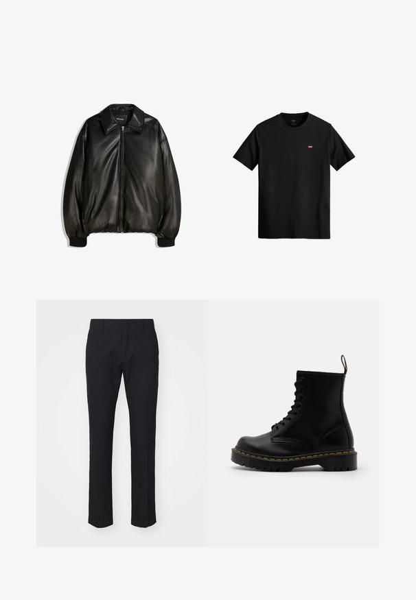 Veste en cuir noir avec fermeture éclair à l'avant, grand col, poignets côtelés et silhouette ample. Texture lisse avec un minimum de détails.; T-shirt en coton noir avec un col rond, des manches courtes et un petit logo rouge Levi's sur la poitrine gauche. Design léger et simple.; Pantalon bleu marine avec une coupe ajustée, fabriqué en tissu lisse. Il présente un devant plat, des passants de ceinture et des jambes droites avec un ourlet soigné.; Bottines en cuir noir avec un laçage à l'avant, des coutures jaunes, un bout rond et une semelle en caoutchouc épaisse et texturée.