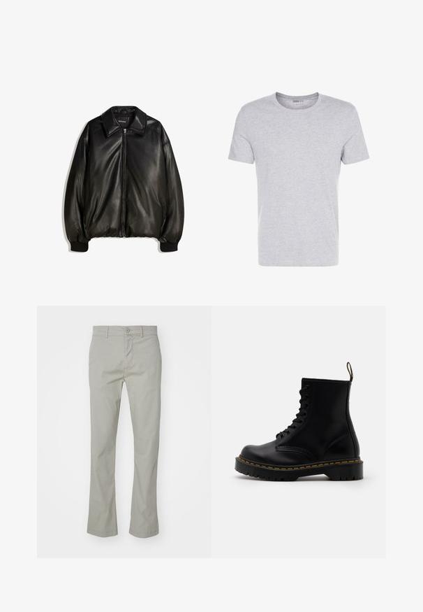 Black leather jacket featuring a zip front, large collar, ribbed cuffs, and a loose silhouette. Smooth texture with minimal detailing.; Gray cotton t-shirt with a crew neck, short sleeves, and a plain design, featuring a soft, smooth texture and no visible patterns or embellishments.; Light gray cotton chinos with a straight leg design, zip and button closure, and front pockets. Smooth texture with hemmed edges.; Black leather ankle boots with a lace-up front, yellow stitching, a rounded toe, and a thick, textured rubber sole.