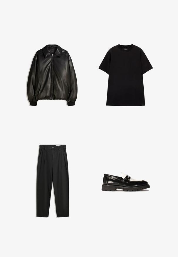 Mustaa nahkatakkia, jossa on vetoketjullinen etuosa, suuri kaulus, ribbaatut hihansuut ja löysä siluetti. Sujuva pinta, jossa on minimaalinen yksityiskohtaisuus.; PULL&BEAR JOIN LIFE - T-paita - black; Mustat puuvillahousut rentoa mallia, joissa on klassinen vyötärö, etukangastukset ja sivutaskut. Sileä pinta ilman kuvioita.; Musta lakattua nahkaa olevat loaferit, joissa on valkoinen nahkaakcentti, paksu musta kuminen pohja ja tikattu yksityiskohtia. Sujuva pinta, jonka kiiltävä viimeistely.