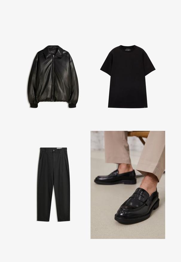 Crna kožna jakna s patentnim zatvaračem, velikim ovratnikom, rebrastim manžetama i opuštenim krojem. Glatka tekstura s minimalnim detaljima.; PULL&BEAR JOIN LIFE - Osnovna majica kratkih rukava - black; Crne pamučne hlače s opuštenim krojem, s klasičnim pojasom, prednjim nabranjima i bočnim džepovima. Glatka tekstura bez uzoraka.; Crne kožne mokasine s glatkom obradom, koje imaju dekorativnu traku i kontrastnu šav, u kombinaciji s bež hlačama.