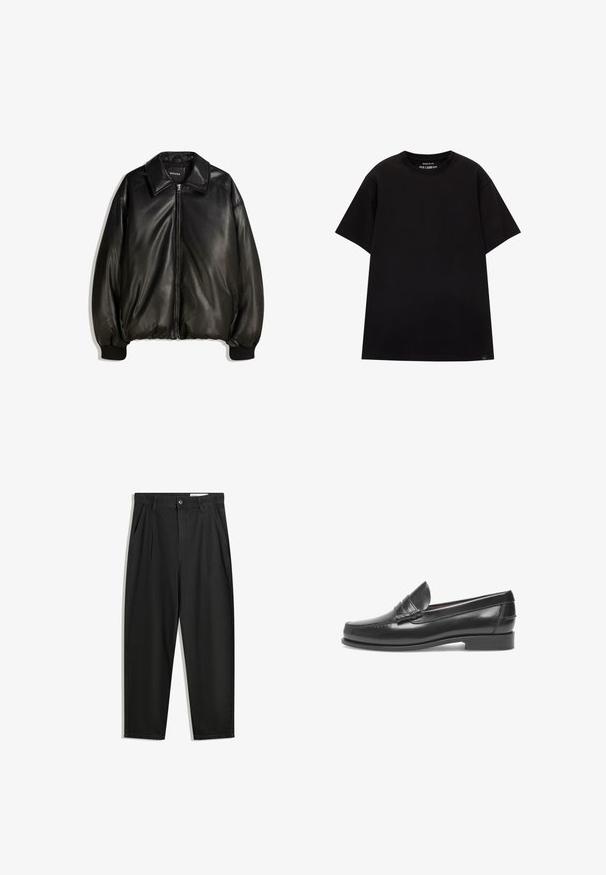 Veste en cuir noir avec fermeture éclair à l'avant, grand col, poignets côtelés et silhouette ample. Texture lisse avec un minimum de détails.; PULL&BEAR JOIN LIFE - T-shirt basique - black; Pantalon en coton noir avec une coupe décontractée, dotés d'une taille classique, de plis à l'avant et de poches latérales. Texture lisse sans motifs.; Mocassins en cuir noir avec un bout rond, des détails cousus et une petite sangle d'accent. Semelle plate avec un léger talon. Texture lisse.