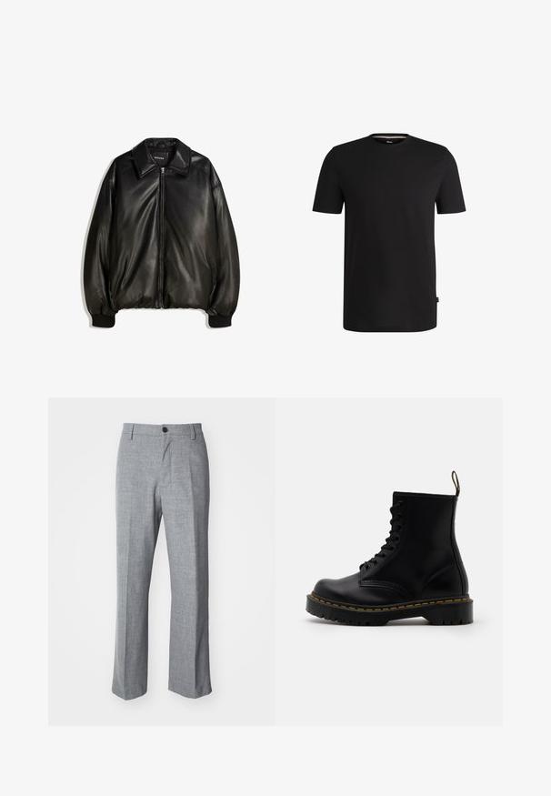 Schwarze Lederjacke mit einem Reißverschluss vorne, großem Kragen, gerippten Bündchen und einer lockeren Silhouette. Glatte Textur mit minimalen Details.; Schwarzes T-Shirt mit kurzen Ärmeln aus weicher Baumwolle und rundem Halsausschnitt. Verfügt über ein dezentes Markenlabel auf der linken Seite nahe dem Saum.; Graue Hose aus strukturiertem Stoff, mit geradem Bein, einem einzigen Knopfverschluss und vorderen Falten für einen maßgeschneiderten Look.; Schwarze Leder-Ankle-Boots mit schnürbarem Vorderteil, gelben Nähten, runder Zehenpartie und dicker, strukturierter Gummisohle.