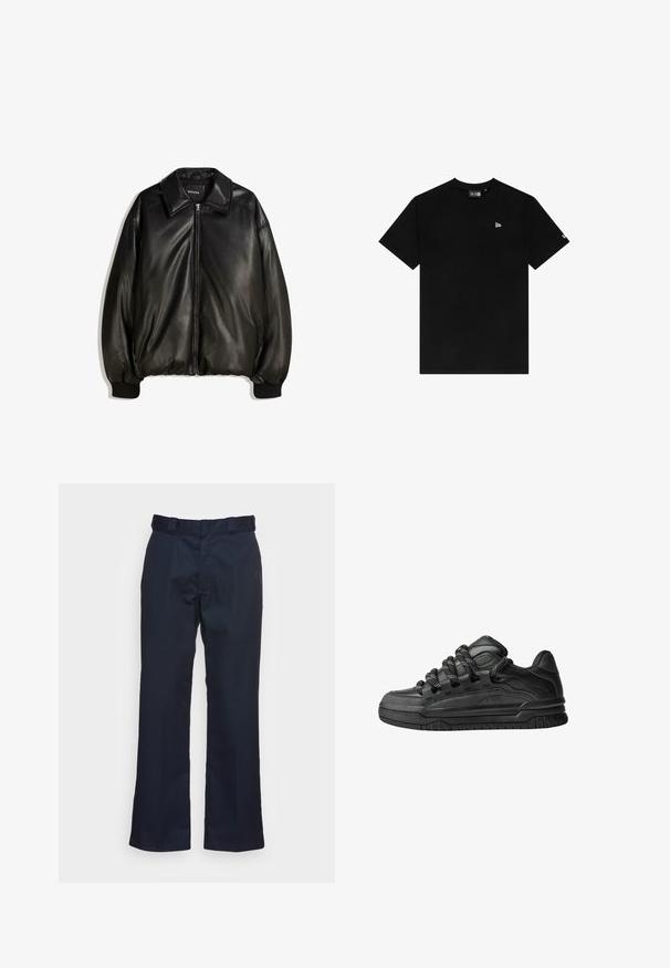 Mustaa nahkatakkia, jossa on vetoketjullinen etuosa, suuri kaulus, ribbaatut hihansuut ja löysä siluetti. Sujuva pinta, jossa on minimaalinen yksityiskohtaisuus.; Musta puuvillapaita pyöreällä kaula-aukolla, lyhyillä hihoilla, joissa on pieni valkoinen logo vasemmassa rinnassa eikä muita kuvioita tai koristeita.; Tummansiniset housut suoran lahkeen muotoilulla, valmistettu sileästä kankaasta, jossa on normaali vyötärö ja ei näkyviä kuvioita tai kiinnikkeitä.; Mustat tennarit, joissa on sileä nahkapinta, teksturoituja yksityiskohtia ja pyöreät musta-valkoiset nauhat. Paksu kumipohja, jossa on kuvioitu pinta.