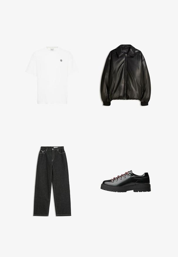 Črna usnjena jakna z zadrgo spredaj, velikim ovratnikom, rebrastimi manšetami in ohlapnim krojem. Gladka tekstura z minimalno podrobnostmi.; Bela majica s kratkimi rokavi z okroglim izrezom in majhnim sivim geometrijskim logotipom na levem modru. Narejena iz mehkega bombažnega materiala.; Črne ravne hlače iz jeansa z belim šivanjem, zasnova s petimi žepi, zapiranje na gumb in zadrgo, ter majhna logotip na sprednjem desnem žepu.; Črne usnjene pohodne čevlje z rdečimi in belimi vezalkami, velikimi luknjami ter debelim profilom podplata za oprijem in stabilnost.